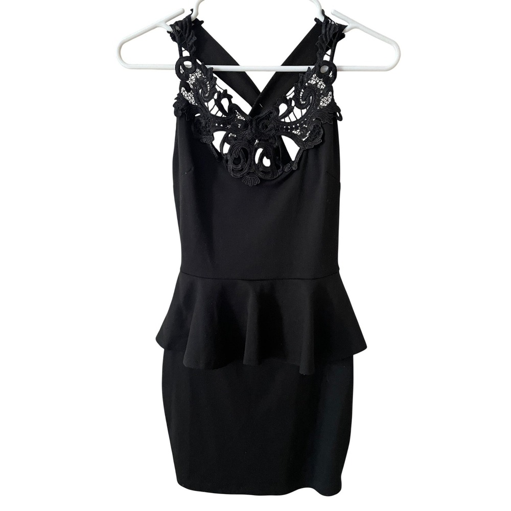 Charlotte Russe Black Peplum Mini Dress Lace Neckline Cross Back X1398 Small